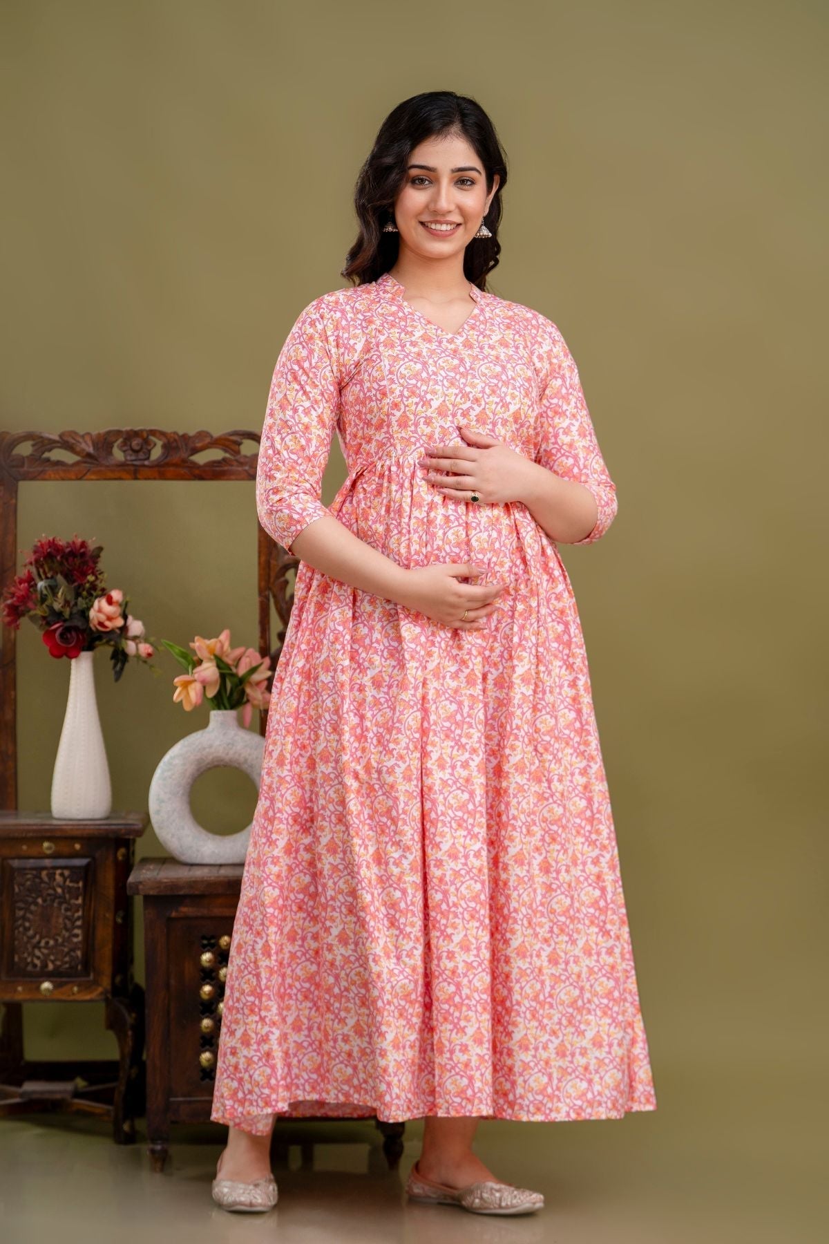 Coral Cotton Maternity Dress Nursing-Friendly & Adjustable Waist