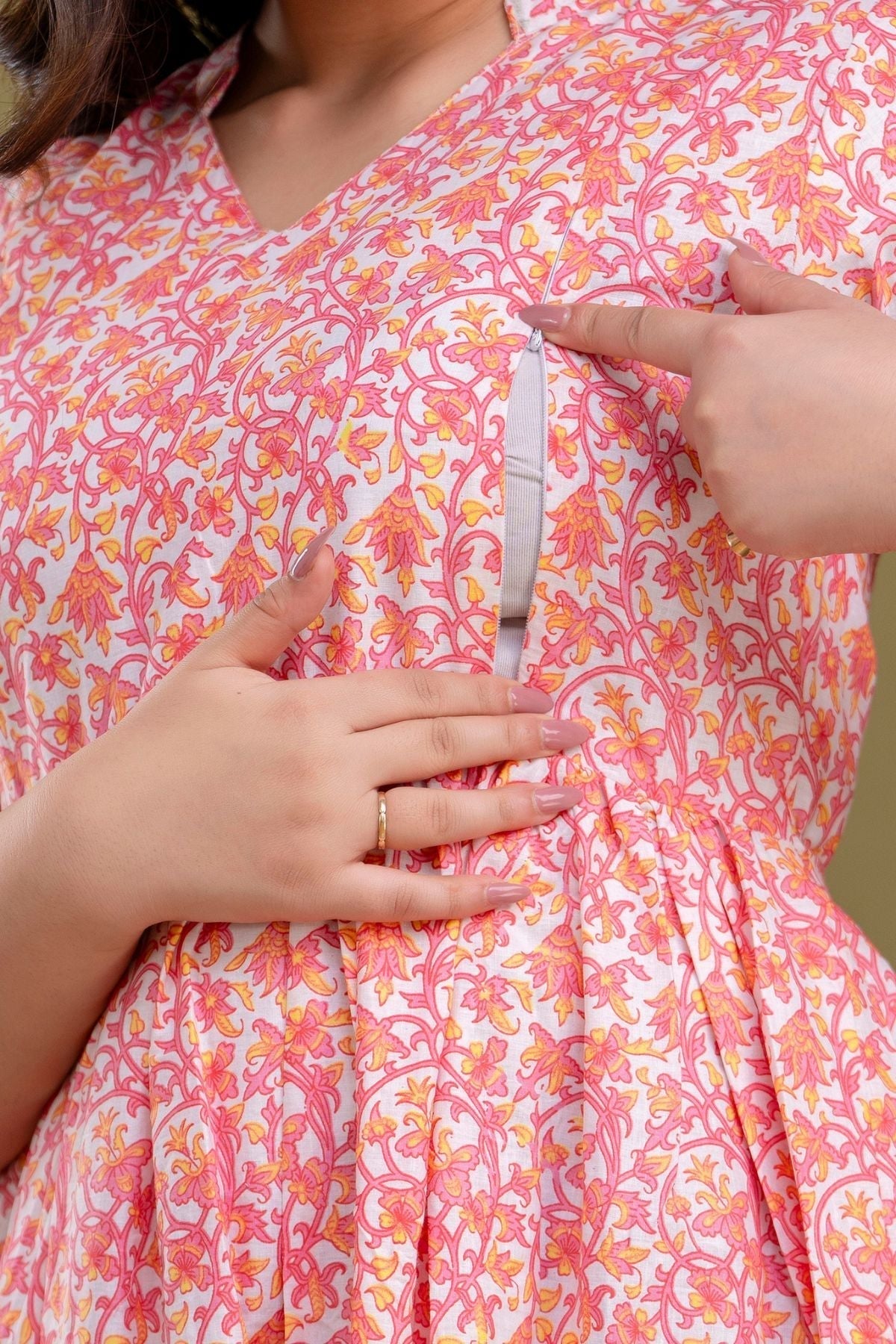 Coral Cotton Maternity Dress Nursing-Friendly & Adjustable Waist