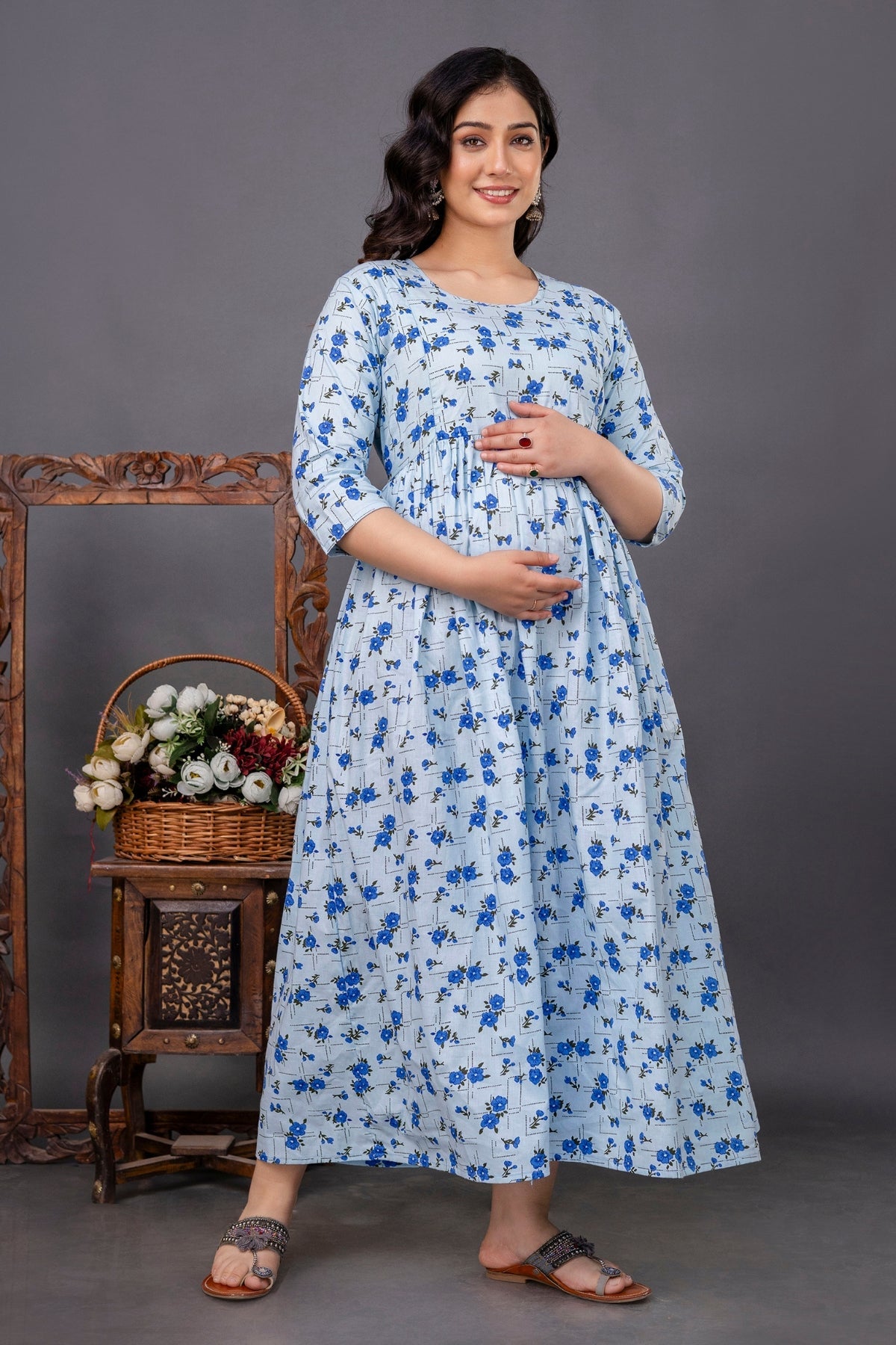 Pure Cotton Nursing-Friendly Maternity Dress - Floral Blue