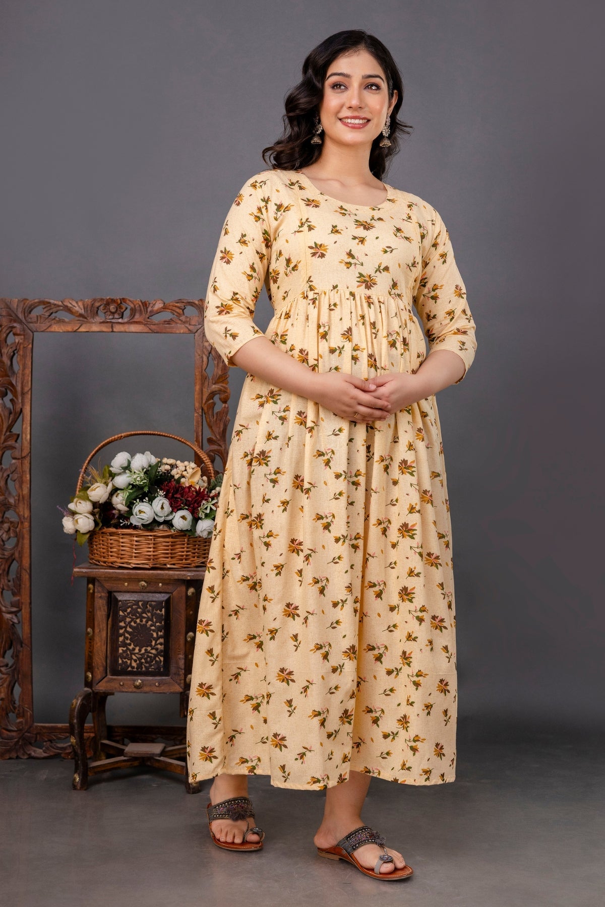 Pure Cotton Nursing-Friendly Maternity Dress - Floral Yellow