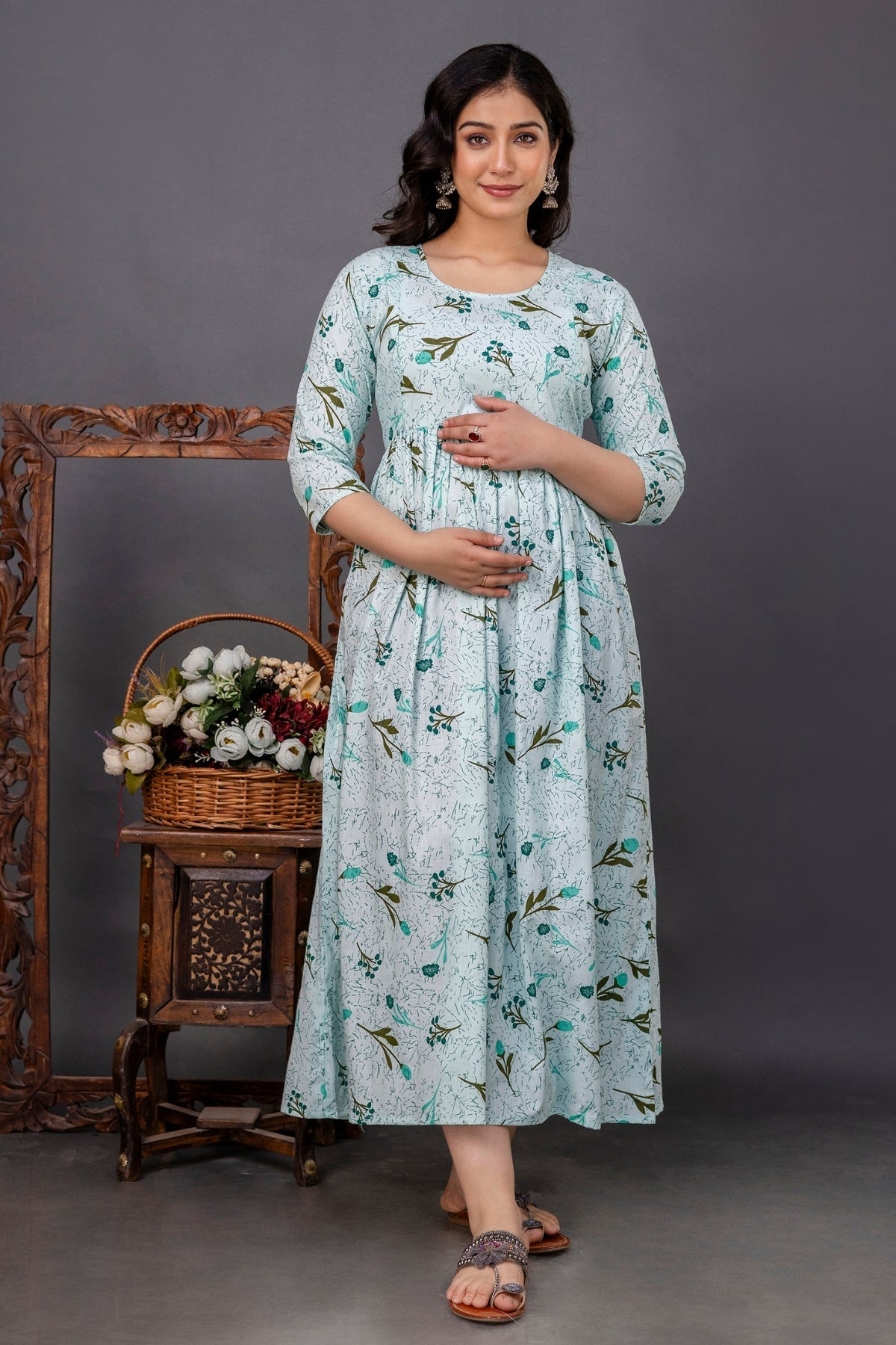 Pure Cotton Nursing-Friendly Maternity Dress - Soft Blue