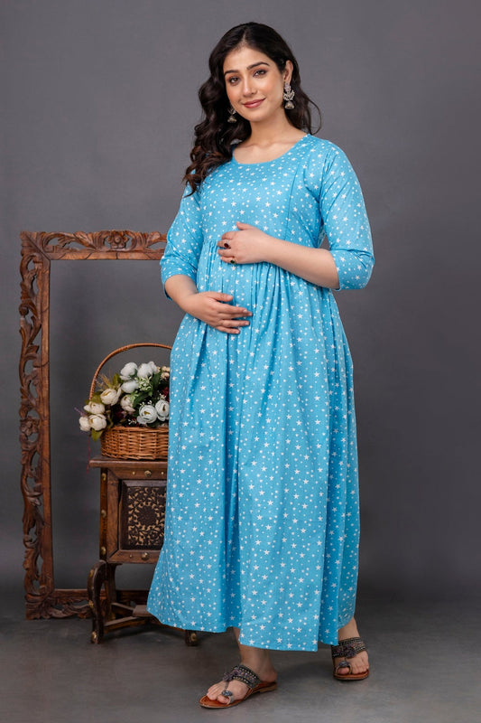 Pure Cotton Nursing-Friendly Maternity Dress - Star Blue