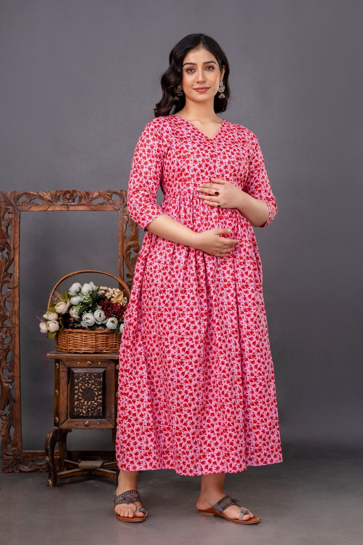 Pure Cotton Nursing-Friendly Maternity Dress - Floral Pink