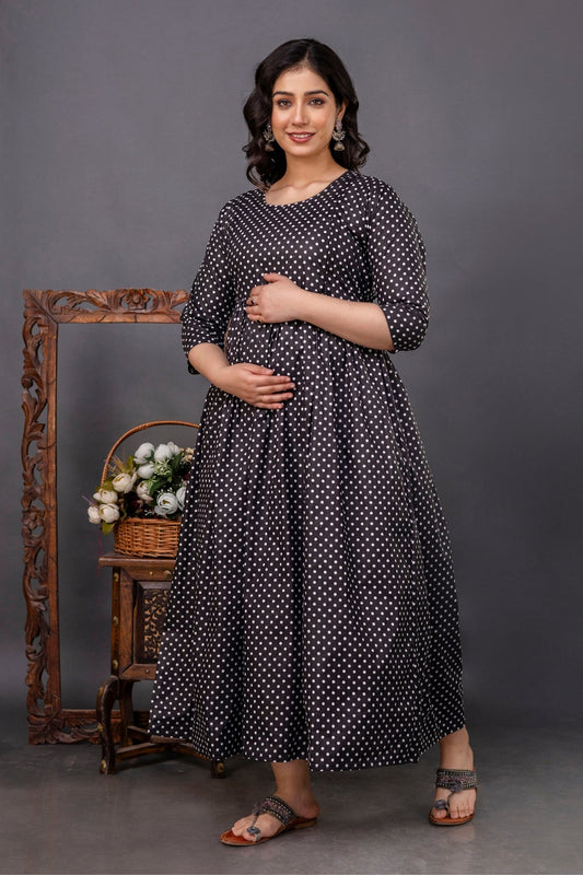 Pure Cotton Nursing-Friendly Maternity Dress - Polka Dot Black