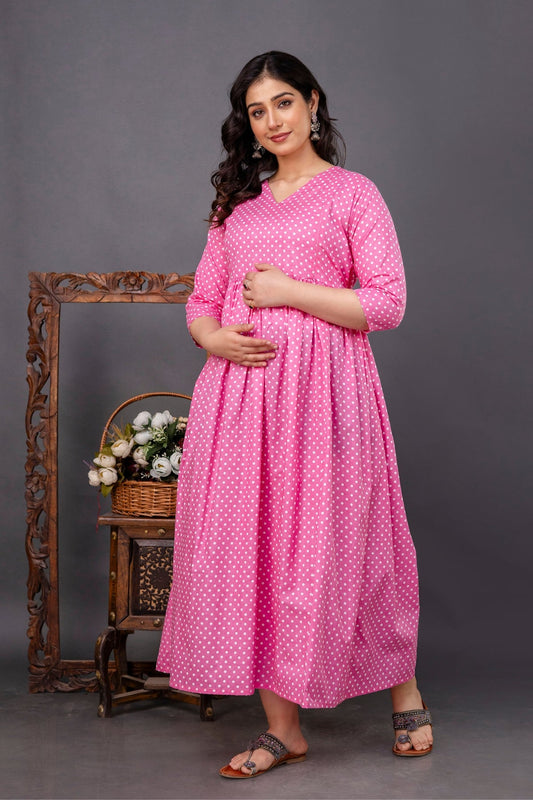 Pure Cotton Nursing-Friendly Maternity Dress - Polka Dot Pink