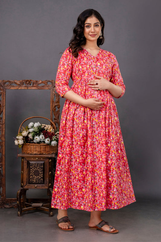 Pure Cotton Nursing-Friendly Maternity Dress - Multi Color