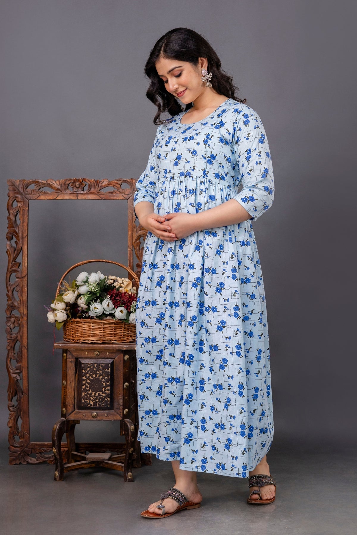 Pure Cotton Nursing-Friendly Maternity Dress - Floral Blue