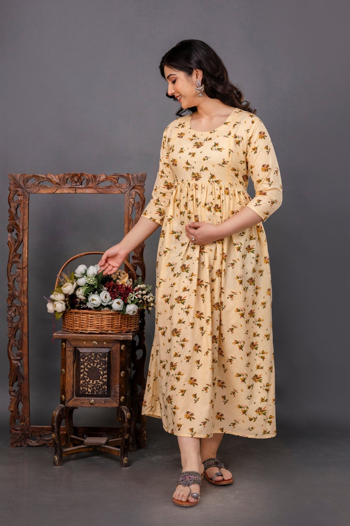 Pure Cotton Nursing-Friendly Maternity Dress - Floral Yellow