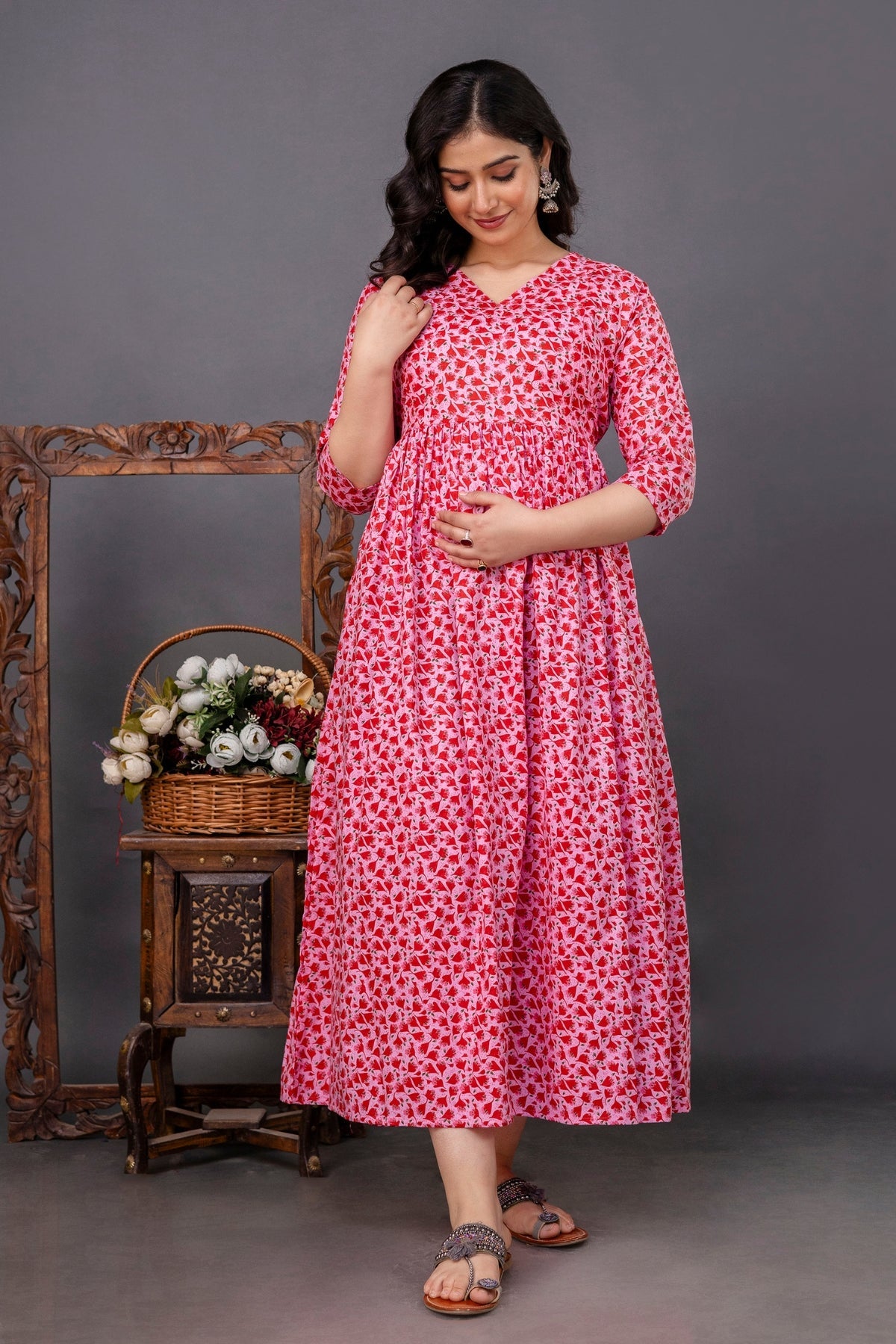 Pure Cotton Nursing-Friendly Maternity Dress - Floral Pink