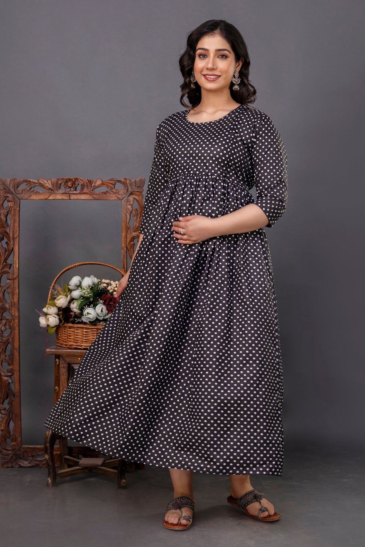 Pure Cotton Nursing-Friendly Maternity Dress - Polka Dot Black