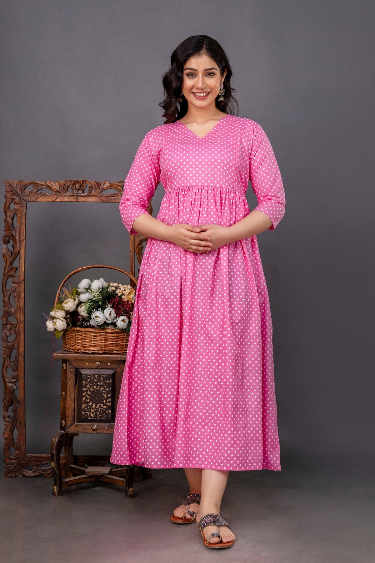 Pure Cotton Nursing-Friendly Maternity Dress - Polka Dot Pink