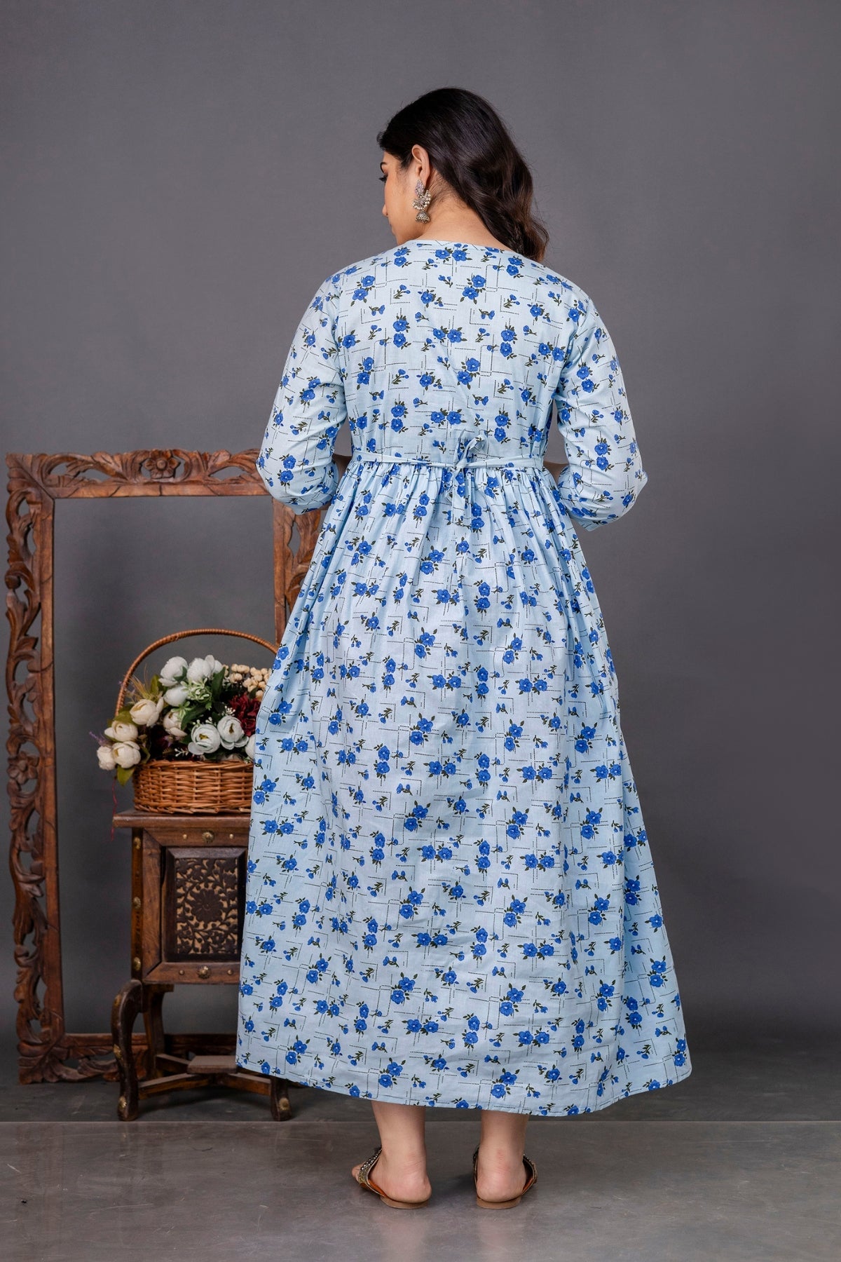 Pure Cotton Nursing-Friendly Maternity Dress - Floral Blue