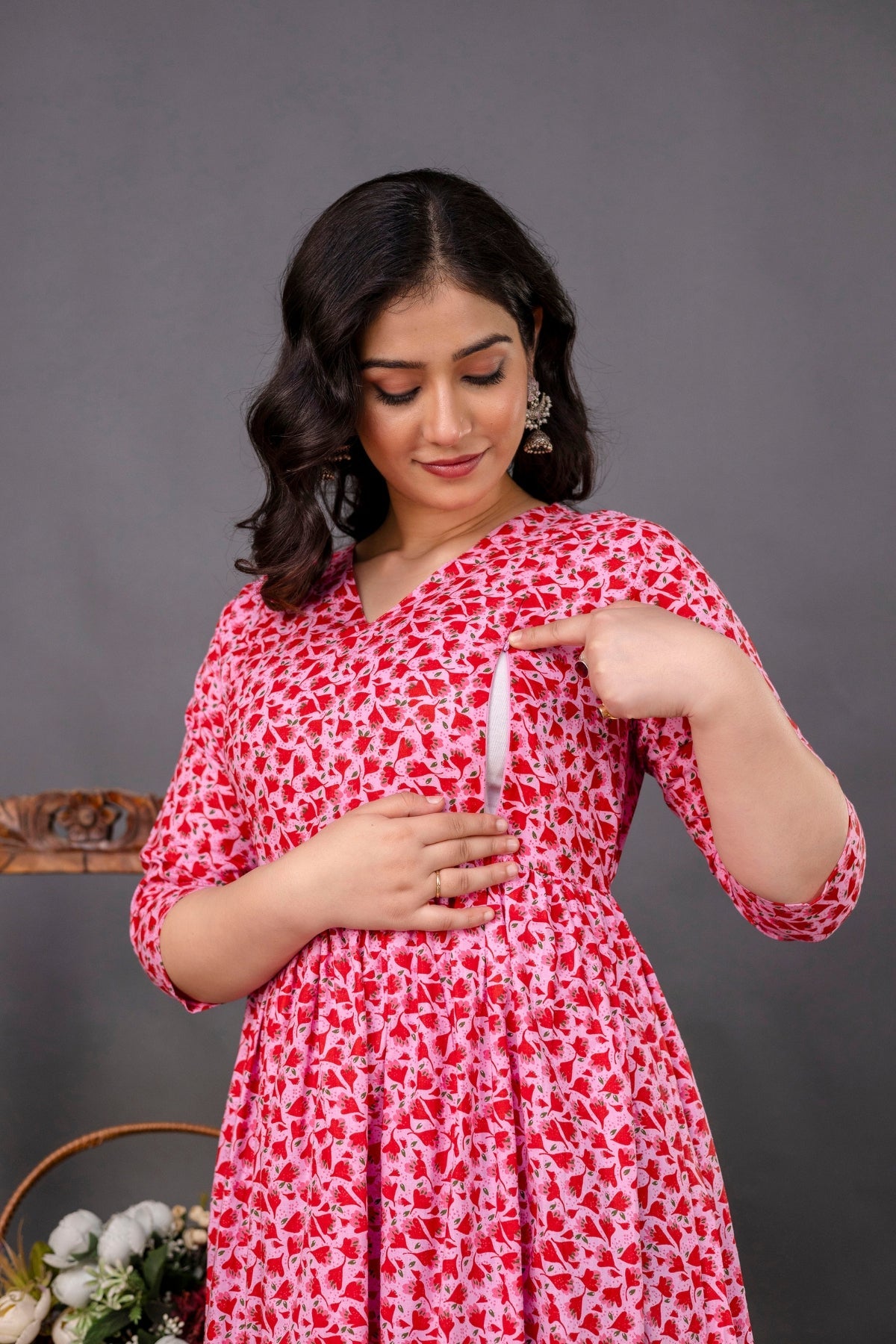 Pure Cotton Nursing-Friendly Maternity Dress - Floral Pink