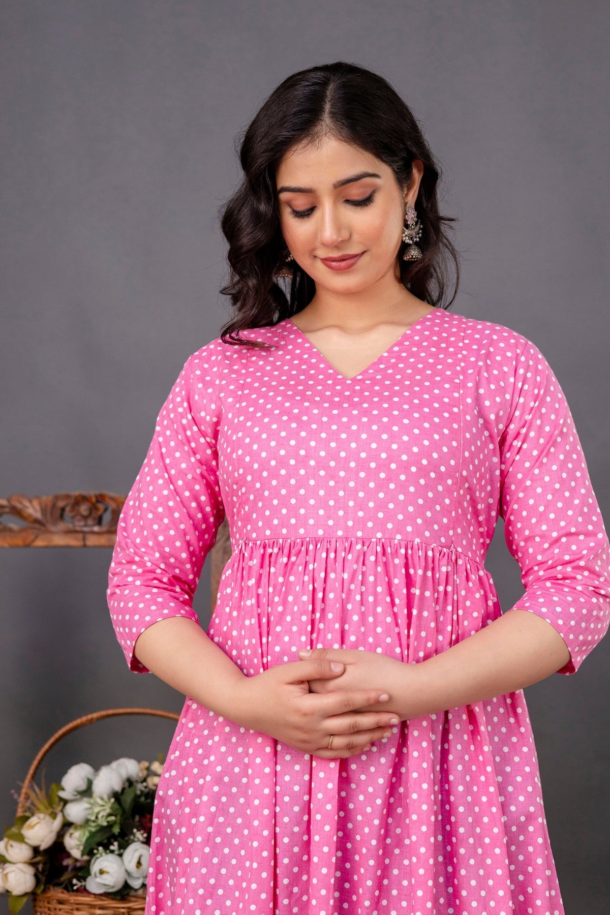 Pure Cotton Nursing-Friendly Maternity Dress - Polka Dot Pink