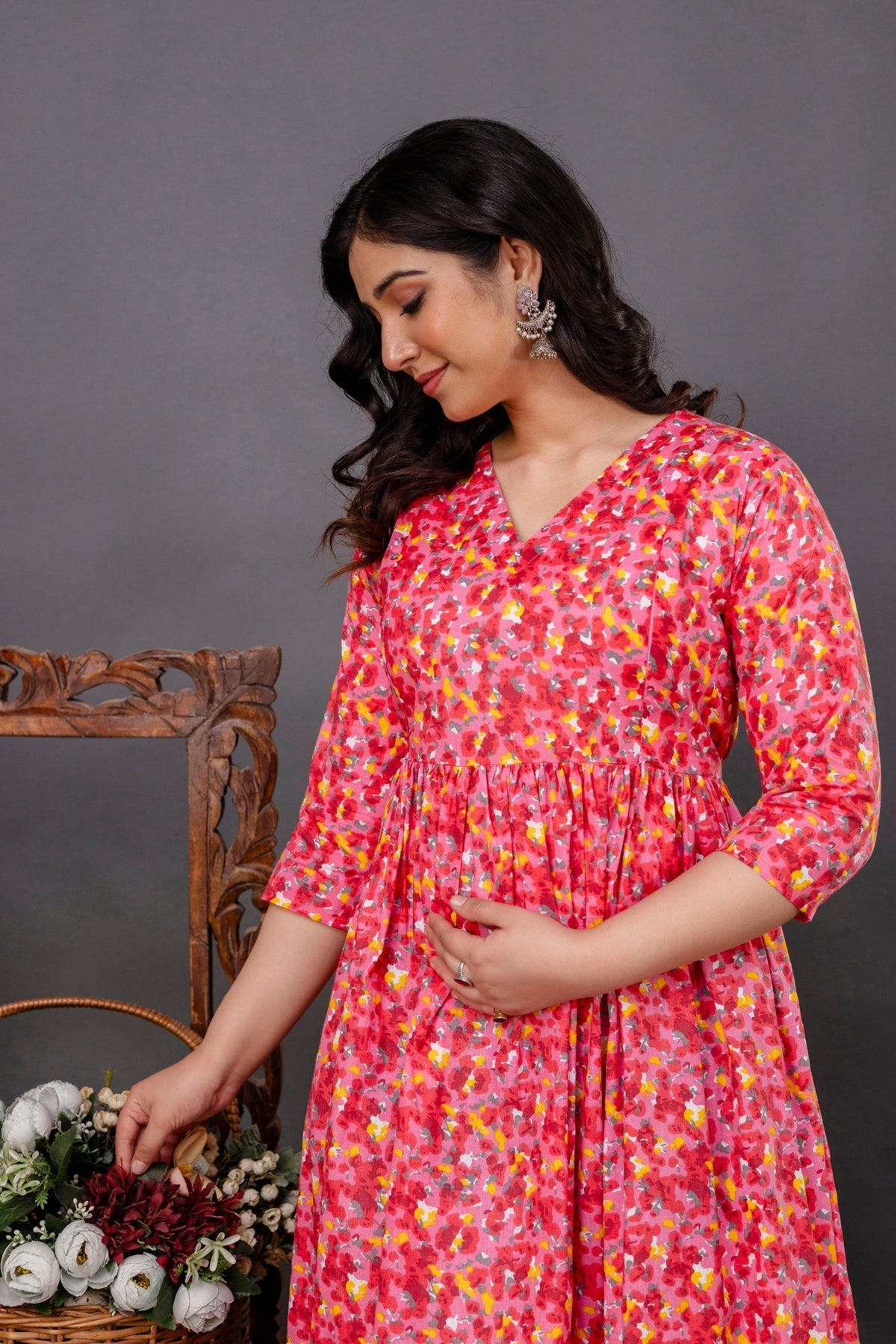 Pure Cotton Nursing-Friendly Maternity Dress - Multi Color