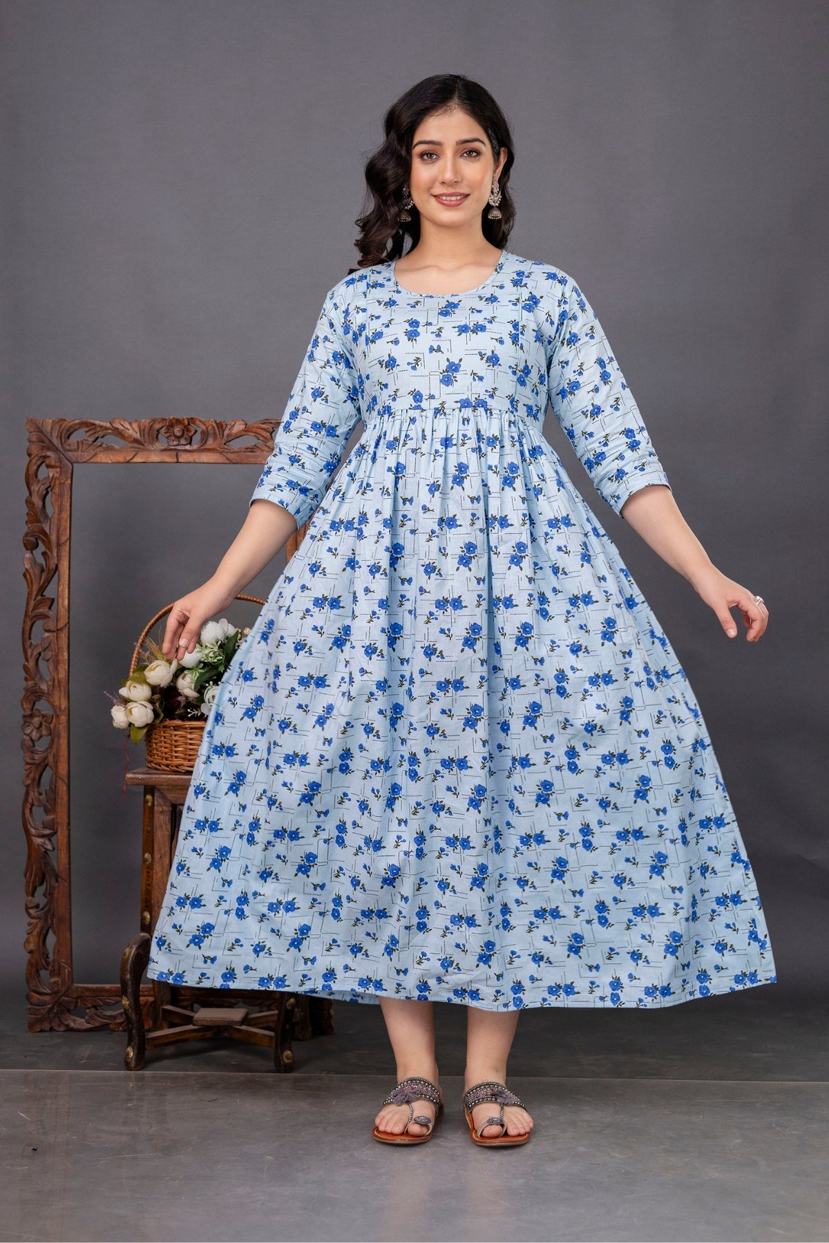 Pure Cotton Nursing-Friendly Maternity Dress - Floral Blue