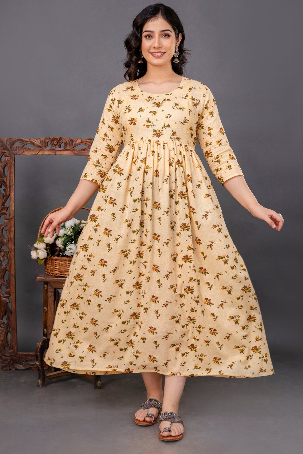 Pure Cotton Nursing-Friendly Maternity Dress - Floral Yellow