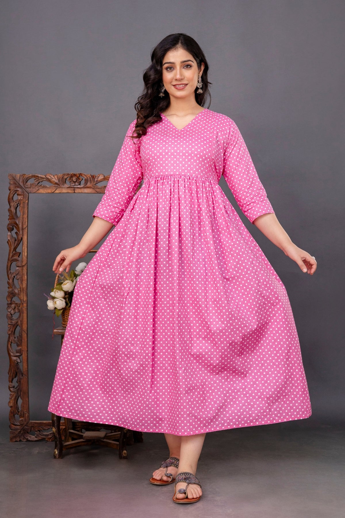 Pure Cotton Nursing-Friendly Maternity Dress - Polka Dot Pink