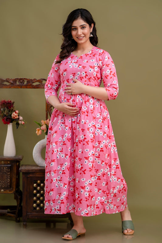 Cotton Blush Pink Maternity Dress Nursing-Friendly & Adjustable Waist - Blush Pink