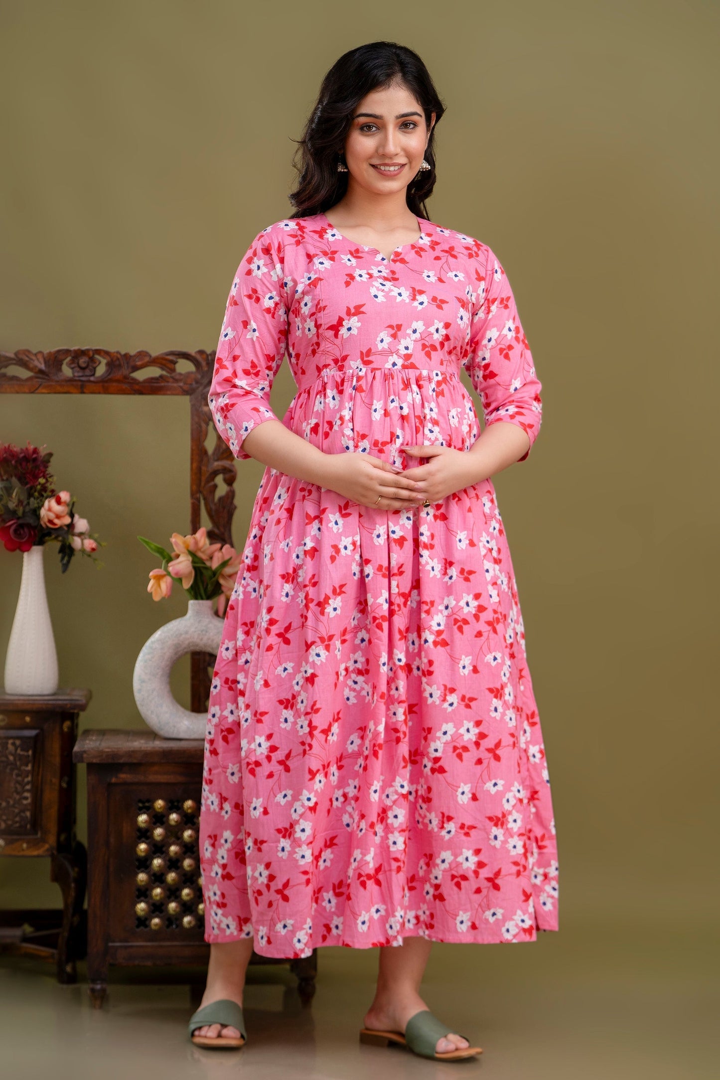 Cotton Blush Pink Maternity Dress Nursing-Friendly & Adjustable Waist - Blush Pink